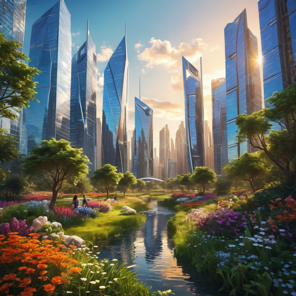 A futuristic landscape showcasing advanced tools and technologies intertwining with nature, symbolizing growth and innovation. In the forefront, diverse individuals collaborate over high-tech devices, surrounded by vibrant greenery and blooming flowers. The background features sleek, modern skyscrapers and tech-inspired architecture, reflecting the essence of empowerment and progress. The scene is bathed in warm, uplifting sunlight. super-realistic. vibrant colors. 3D.