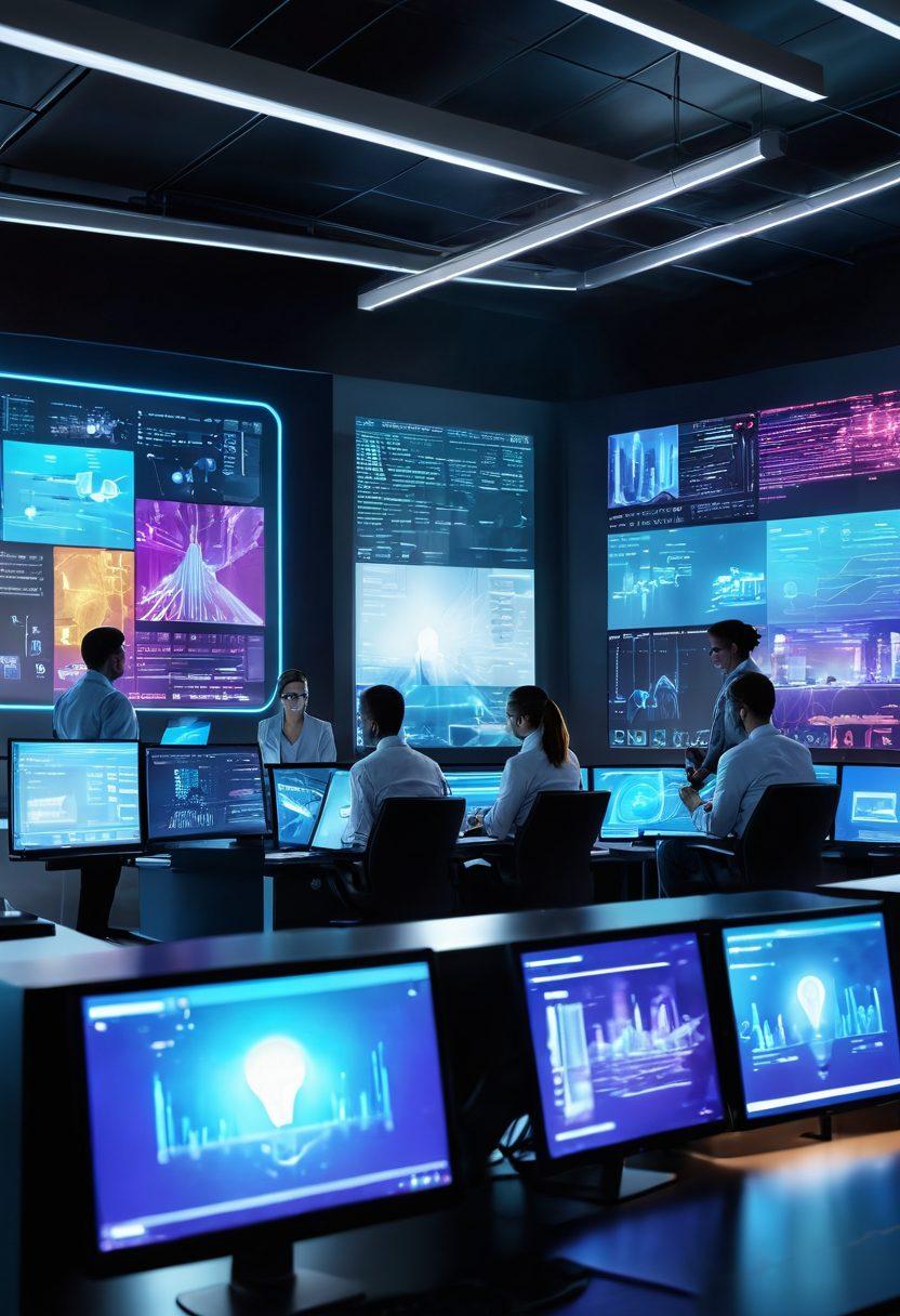 A futuristic office environment showcasing diverse professionals collaborating on advanced technology, with screens displaying data analytics and innovation strategies. The scene is filled with vibrant digital interfaces and holograms representing business growth and efficiency. A lightbulb above symbolizes bright ideas and transformation. super-realistic. vibrant colors. dynamic composition.