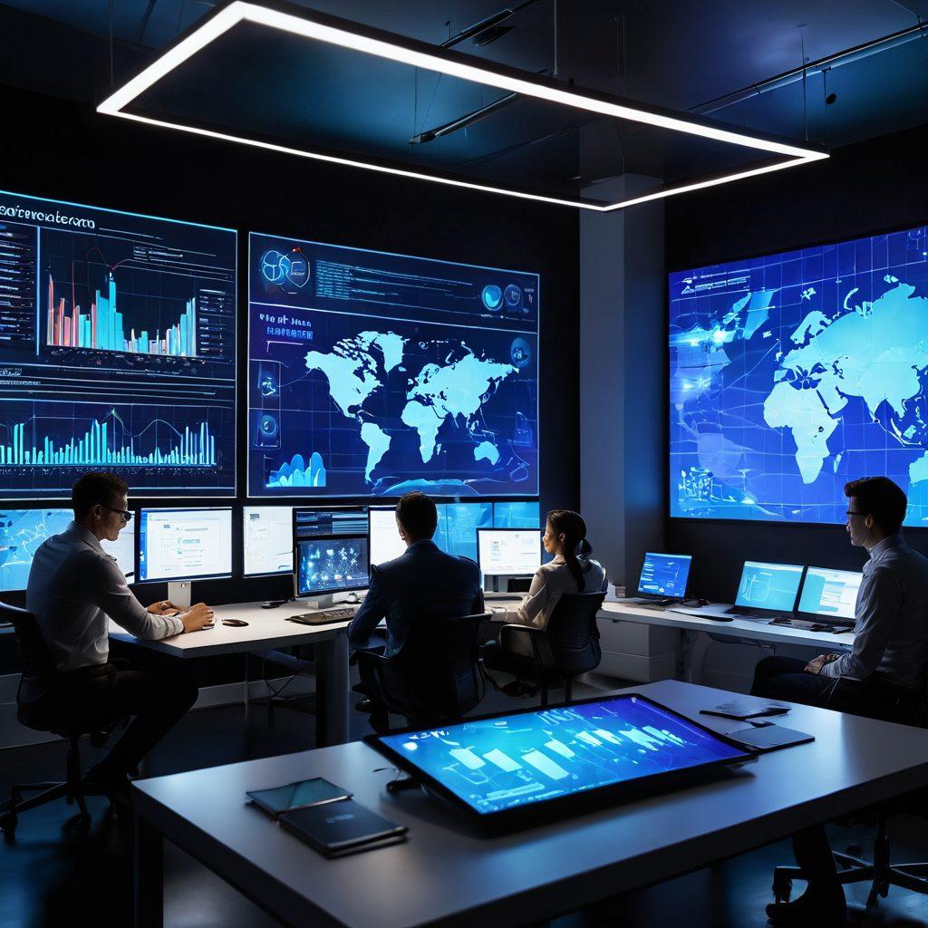 A dynamic office setting showcasing a diverse team of professionals brainstorming around a high-tech digital screen displaying innovative graphs and tech solutions. The room is illuminated with vibrant LED lights, reflecting an atmosphere of creativity and forward-thinking. Various gadgets and devices are scattered around, symbolizing cutting-edge technology. Soft futuristic elements in the background hint at a seamless connection between innovation and teamwork. super-realistic. vibrant colors. 3D.